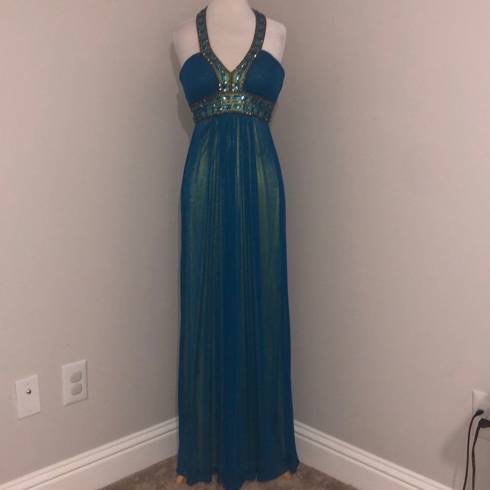 Caché emerald teal gown with neon yellow green lining, size 2